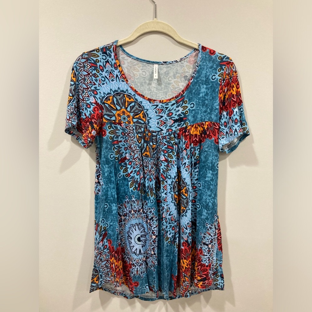 Cathy Boho Patterned Short Sleeve Top Scoop Neck Lightweight Stretch Medium